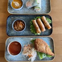 (top) fresh summer rolls, (middle) impossible crispy rolls, (bottom) jumbo drumstick  at Loving Hut - North Park in San Diego