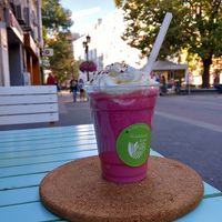 Smoothie with dragoon fruits,strawberries and almond milk.  at Green Corner in Plovdiv