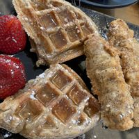 Waffles and tenders (don’t care for the tenders they taste weird and it is for those transitioning from eating meat and have hard time)  at Peacefood Cafe - Uptown in New York City