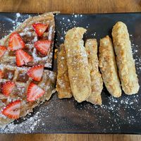 Waffles and "chicken" tenders at Peacefood Cafe - Uptown in New York City
