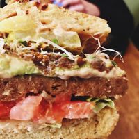 Close Up of the Vegan Cheese Burger! at Peacefood Cafe - Uptown in New York City
