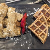 Waffle + tenders - nice, but quite heavy at Peacefood Cafe - Uptown in New York City