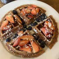Wafles with fruits served with the brunch menu  #Veganuary at Peacefood Cafe - Uptown in New York City