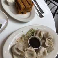 Dumplings and chickpea fries at Peacefood Cafe - Uptown in New York City