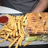 Burger and fries   at Peacefood Cafe - Uptown in New York City