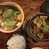 Pho $18.80: ok; Spicy eggplant, potato in Black Bean sauce $22.80: ok; BBQ buns $9.80: not much filling, nice soft bun at Vina Vegan in Newtown