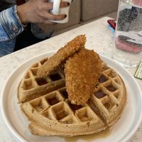 Vegan chicken and waffles  at Mid Kitchen in Evanston