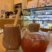 Chocolate coconut latte and kombucha  at Apbbang - Future Bakery 앞으로의 빵집 in Seoul