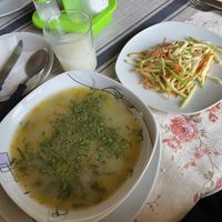 Plain salad (maybe it normally comes with mayo but we requested vegan). The drink was like a peanut milk? And a pretty typical soup.  at Luz Mary in Sucre