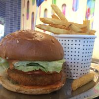 Vegan ‘chicken’ burger with small fries at Huxtaburger in Footscray