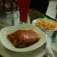Corozo juice, Mole de papas and a side salad at Girasoles Restaurante Vegetariano in Cartagena