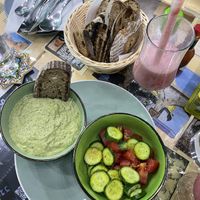 Brocoli spread and salad with strawberry shake  at Bayt Sara in Amman