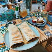 Shawarma and orange kombucha (also includes homemade vegan mayo and pickles)  at Bayt Sara in Amman