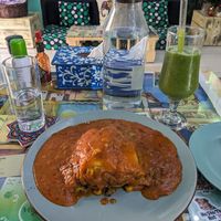 Vegan lasagna and green detox juice at Bayt Sara in Amman