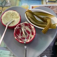 Homemade vegan mayonnaise and pickles   at Bayt Sara in Amman