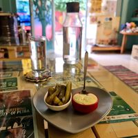 Pickles and garlic dip. at Bayt Sara in Amman