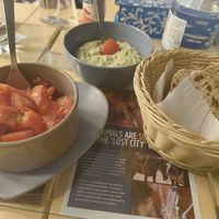 The lovely broccoli spread with tomato salad and sourdough bread! at Bayt Sara in Amman