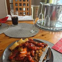 Sweet and Sour Gluten Chick'n with spring rolls and fried rice at Yummy Kitchen in Rhyl