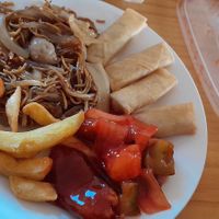 Mushroom chow mein, chicken sweet n sour balls, chips and veg spring rolls at Yummy Kitchen in Rhyl