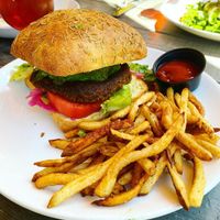 Chorizo burger 🔥 w fries   at Urban Village Brewing Company in Philadelphia