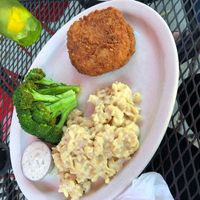 Vegan fried chicken plate with Mac n cheese and fried broccoli  at The Remedy Diner in Raleigh