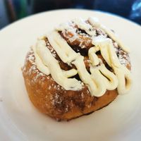 Vegan cinnamon roll with cream at Mad Apple in Launceston