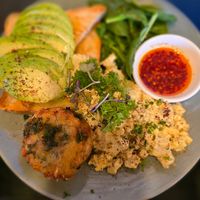 Tofu scramble with spinach. I added avo+ rosti at Mad Apple in Launceston