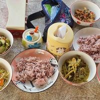 155 baht total. Some buffet items served in proper bowls. at Youta Vegetarian 1 in Mae Klong