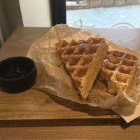 Waffles with berry purée  at Smoothie Lab in Vladivostok