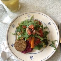 Tofu porcini brunch plate and orange juice  at Kalaset in Copenhagen