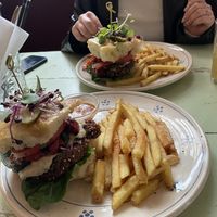 Vegan Burger with foccacia bun, fries and vegan dip  at Kalaset in Copenhagen