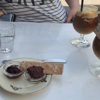 Iced soya milk lattes and crisp bread with vegan nutella and jam at Kalaset in Copenhagen