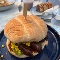 Vegan Bap and vegan sausage roll in the background  at Skinny Batch Bakery in Lusk