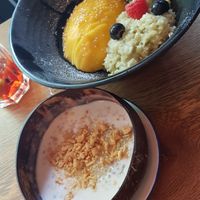 Vegan banana tapioca pearl dessert, mango sticky rice has condensed milk! at Bami House 1976 in Munich