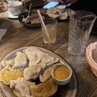 Mixture of all the vegan pierogies and spicy pepper sauce  at Pierogarnia Stary Młyn in Gdansk