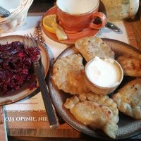 Sour kraut and beetroot salad. Cauliflower sweet potato peirogi at Pierogarnia Stary Młyn in Gdansk