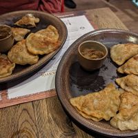 The vegan pierogi flavours, with onion sauce to dip in at Pierogarnia Stary Młyn in Gdansk