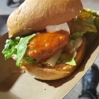 Super saucy Buffalo chicken burger 💖 at Garden Grill in Las Vegas