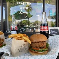 Chicken sandwich with fries in their outdoor seating   at Garden Grill in Las Vegas