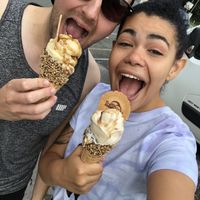 Lotus biscuit and vanilla on a waffle cone with caramel sauce. Vegan bliss for a post gym workout naughty one off. at Fredericks in Chorley