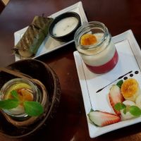 Vegan creme Broulee, vegan panna cotta, banana sticky rice at Sky in Port Adelaide