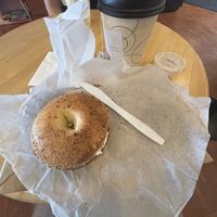 Bagel with vegan cream cheese and London Fog with soy milkk  at Thirsty Mind in South Hadley