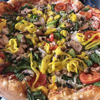 Amazing veggie pizza with vegan cheese  at Mellow Mushroom in Winston-salem