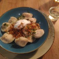 Ukrainian Pilmeni with Smetana (sour cream) and vinegar at Doppeltsolecker in Dortmund