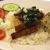 'Mock' pork with rice and savoury cake. at Thien Duyen Ben Thanh in Ho Chi Minh City