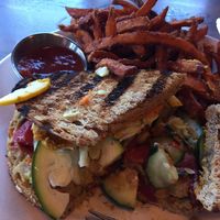 Avocado strawberry chickpea sandwich and sweet potato fries  at REDwater Kitchen in Spearfish