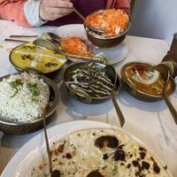Malai kofta, saag with tofu and tikka masala with tofu, two different kind of rice and garlic naan.  at Indian Box in Santiago