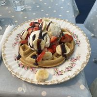 Waffle with ice cream and chocolate topping   at Cafe Cloud in Newquay