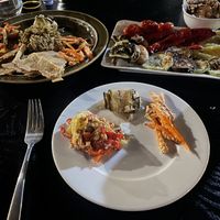 VEGETABLE MORSELS WITH WALNUT SAUCE and PAN-FRIED AUBERGINE and grilled vegetables   at Badia in Telavi