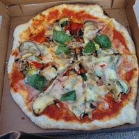 Vegan pizza Vegetalien with vegan cheese, aubergine, courgette, artichoke, tomato, mushrooms, basil at Da Francesco in Nice